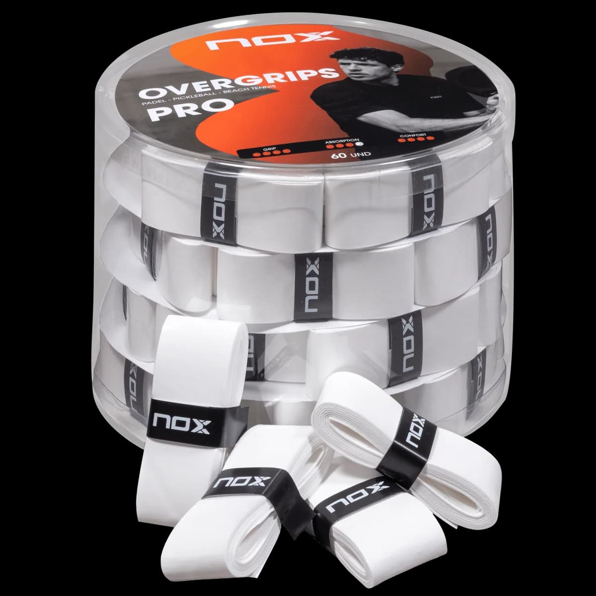 Cubregrip Nox Pro Liso blanco: overgrips sueltos delante del bote de 60
