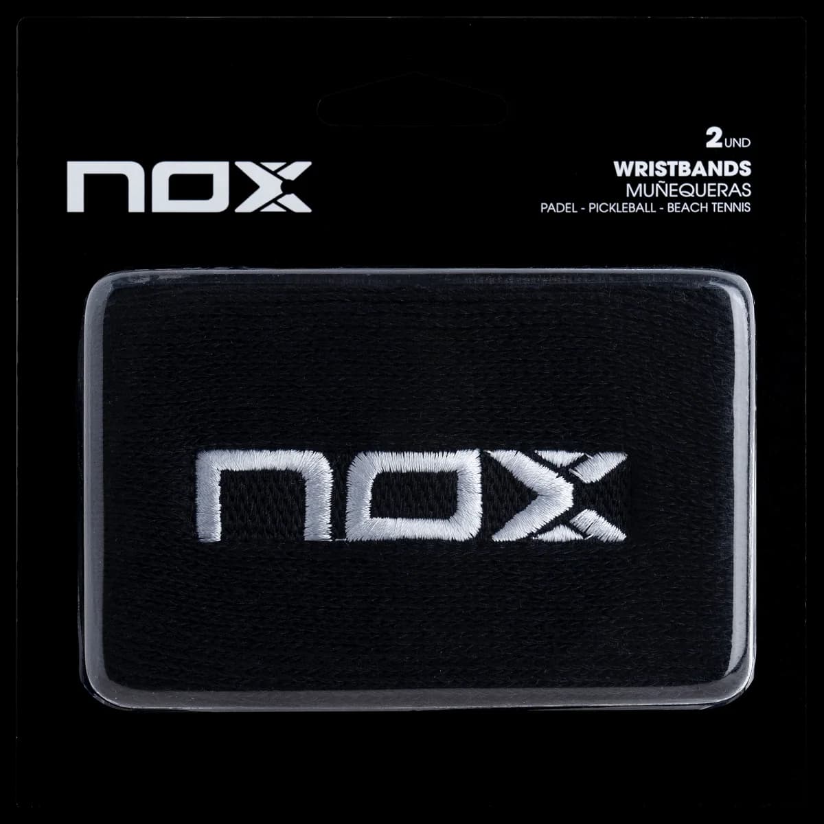 Muñequera Nox Deportiva negra con logo blanco, blíster de 2